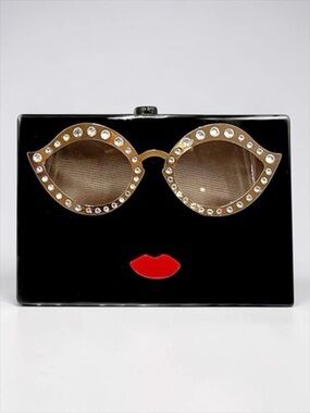 Black Acrylic Face Clutch Sunglasses Lips Novelty Crossbody Bag NWT